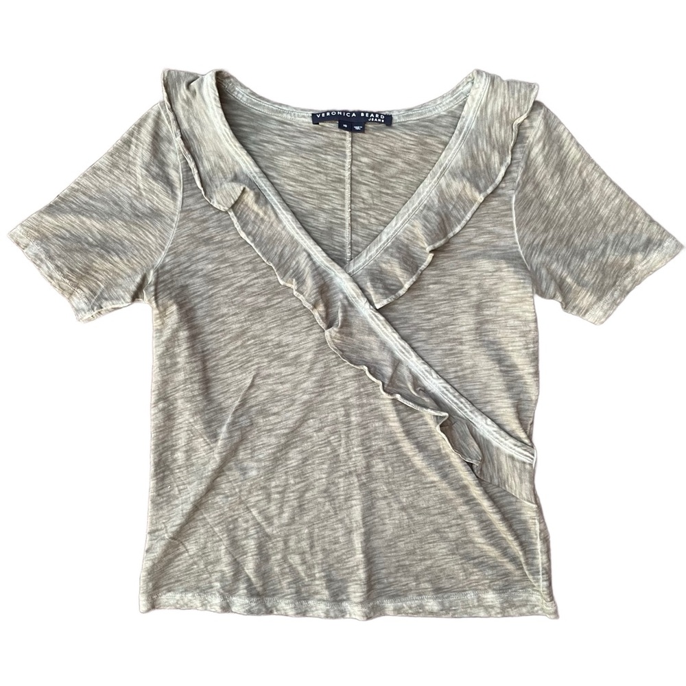 Veronica Beard Olive Green Pima Cotton Ruffle T-Shirt XS